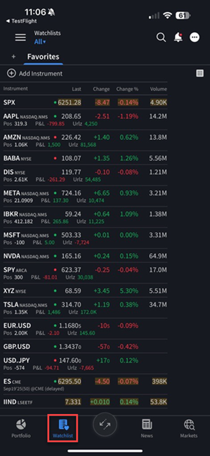 The watchlist on iPhone